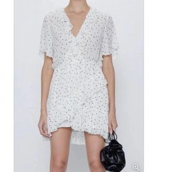 Zara  Ruffle Mesh Polka Dot Playsuit Romper Dress White Black Size Small - Picture 4 of 6